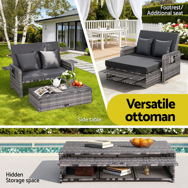 Gardeon Outdoor Day Bed Sun Lounge Setting Wicker Lounger Patio Furniture Grey Loungers