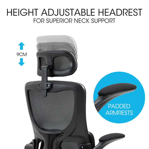 Fortia Ergonomic Office Desk Chair Lumbar Support Mesh Fabric Headrest Retractable Armrests Black Office Chairs