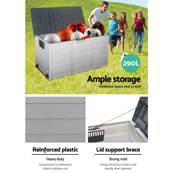 Gardeon Outdoor Storage Box 290L Lockable Organiser Garden Deck Shed Tool Grey Storage Deck Boxes