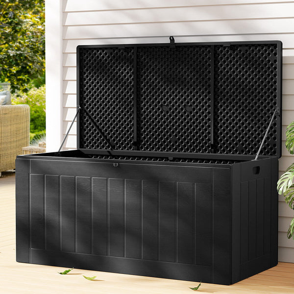 Gardeon Outdoor Storage Box 830L Container Lockable Bench Tool Shed All Black Storage Deck Boxes