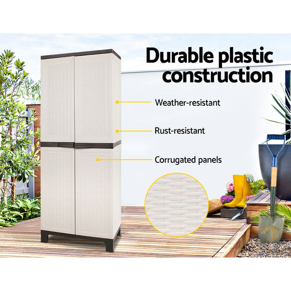 Gardeon Outdoor Storage Cabinet Box 173Cm Lockable Cupboard Sheds Adjustable Rattan Beige Storage Deck Boxes