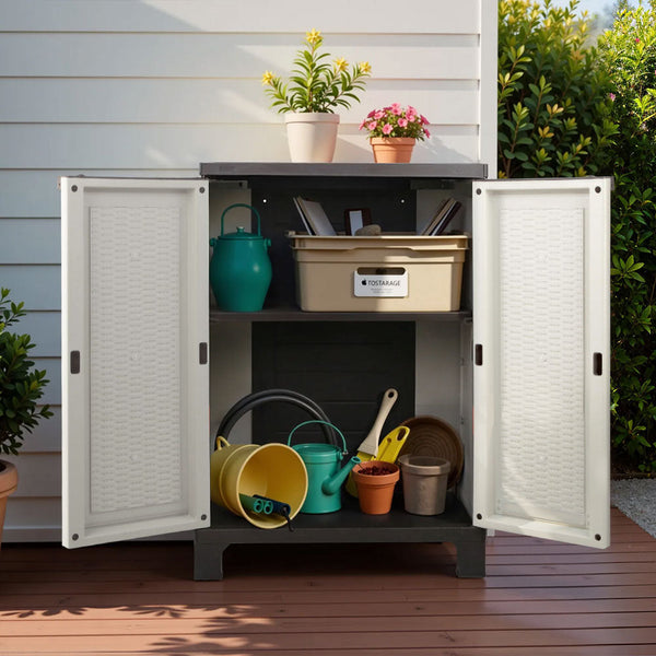 Gardeon Outdoor Storage Cabinet Box 92Cm Lockable Cupboard Sheds Adjustable Rattan Beige Storage Deck Boxes