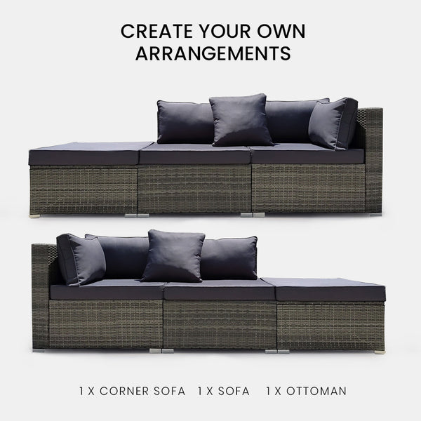 Rattan 3 Seater Modular Outdoor Lounge Setting Incl. Grey Patio Furniture Sets
