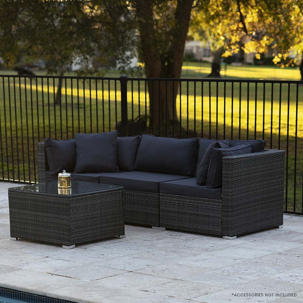 Rattan 4 Piece 3 Seater Modular Outdoor Lounge Setting Incl. Coffee Table Grey Loungers