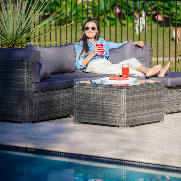 Rattan 4 Seater Modular Outdoor Lounge Setting With Coffee Table Ottoman Grey Loungers