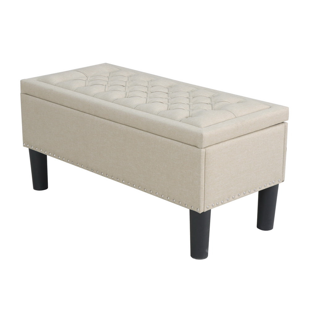 Artiss Storage Ottoman Blanket Box 96Cm Linen Taupe Ottomans Footstools & Poufs