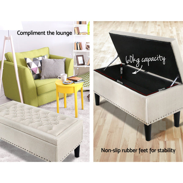 Artiss Storage Ottoman Blanket Box 96Cm Linen Taupe Ottomans Footstools & Poufs