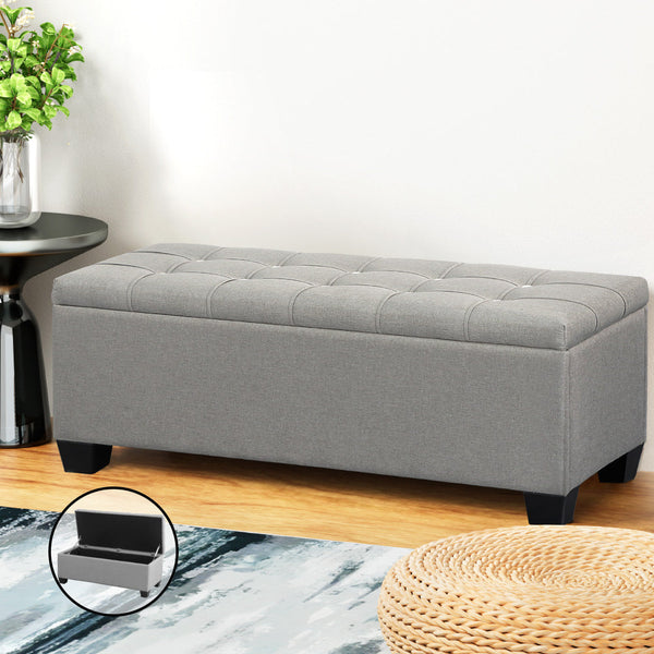 Artiss Storage Ottoman Blanket Box 97Cm Button Linen Grey Ottomans Footstools & Poufs