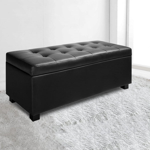 Faux Pu Leather Storage Ottoman With Cushion Seat Home Furniture Black 97 Centimetre Ottomans Footstools & Poufs