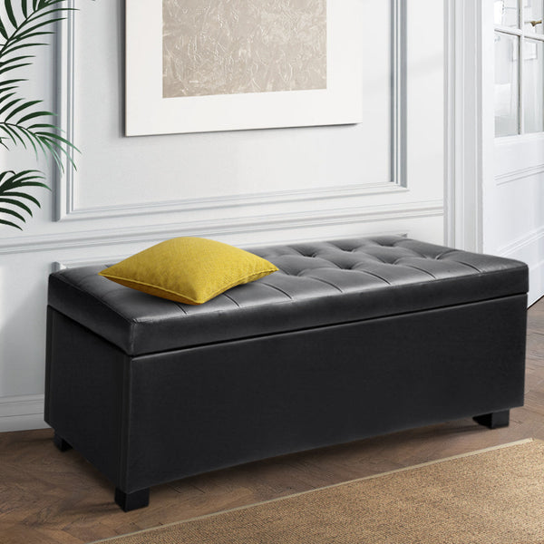 Faux Pu Leather Storage Ottoman With Cushion Seat Home Furniture Black 97 Centimetre Ottomans Footstools & Poufs