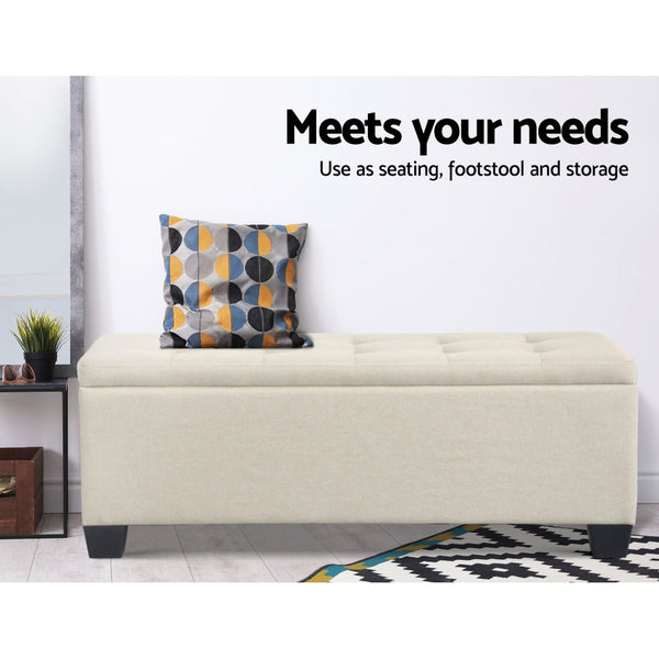 Artiss Storage Ottoman Blanket Box 97Cm Linen Beige Ottomans Footstools & Poufs