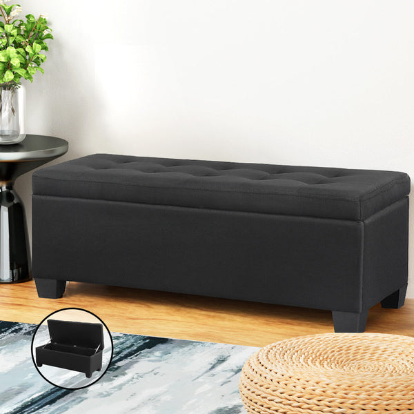 Artiss Storage Ottoman Blanket Box 97Cm Linen Black Ottomans Footstools & Poufs