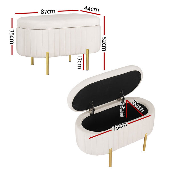 Blanket Boxes Artiss Storage Ottoman Blanket Box 87Cm Velvet Oval White