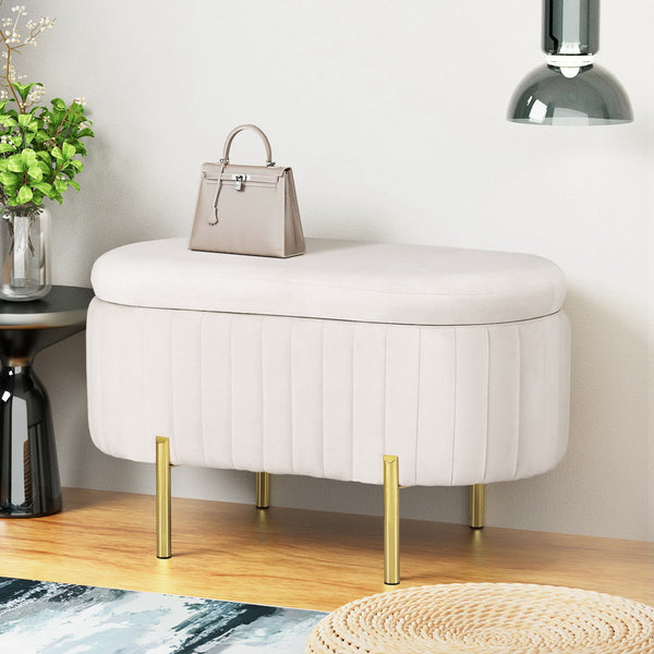 Artiss Storage Ottoman Blanket Box 87Cm Velvet Oval White Blanket Boxes