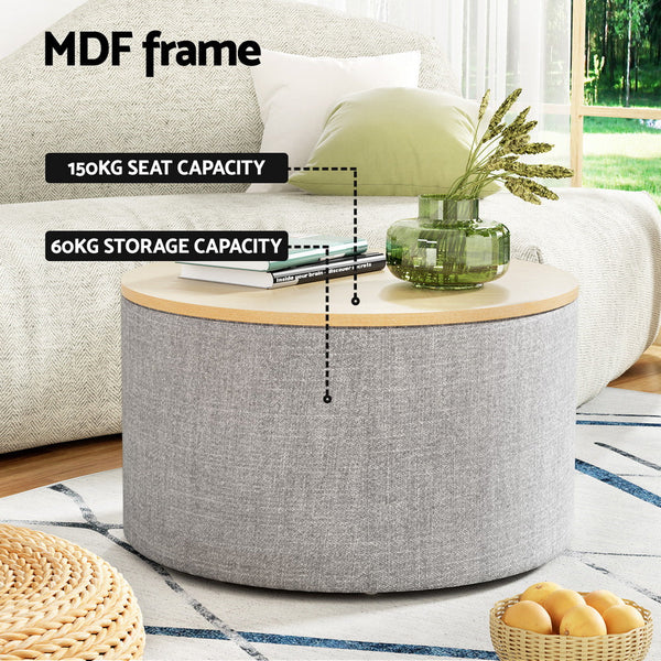 Blanket Boxes Artiss Storage Ottoman Blanket Box 60Cm Linen Round Grey