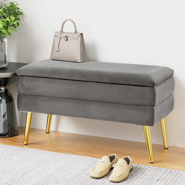 Artiss Storage Foot Stool Velvet Grey Ottomans Footstools & Poufs