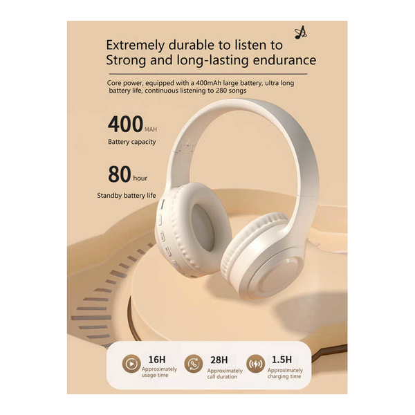 Off White Wireless Bluetooth 16H Playtime Sd Card & Aux Support Headphones