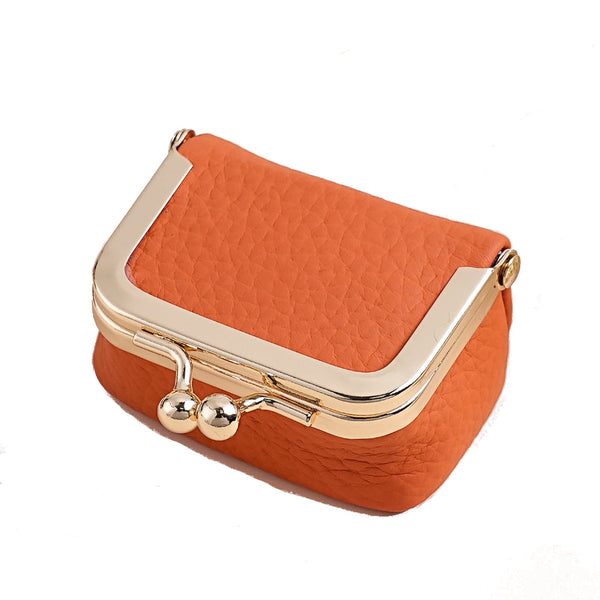 Orange Genuine Leather Mini Kiss Lock Jewelry Pouch Portable Travel Organizer For Rings Earrings Necklaces And Coins Jewellery Holders & Organisers
