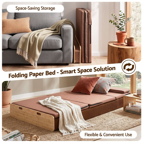 Artiss Folding Kraft Paper Bed Frame With Mattress & Pillow 300Kg 200X120cm Brown Queen Bed Frames
