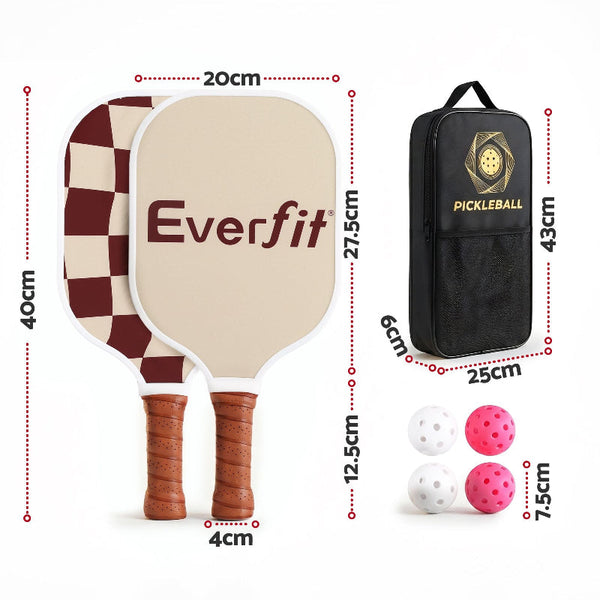 Everfit Fiberglass Pickleball Paddle Set With Honeycomb Core & Bag Brown Racquets