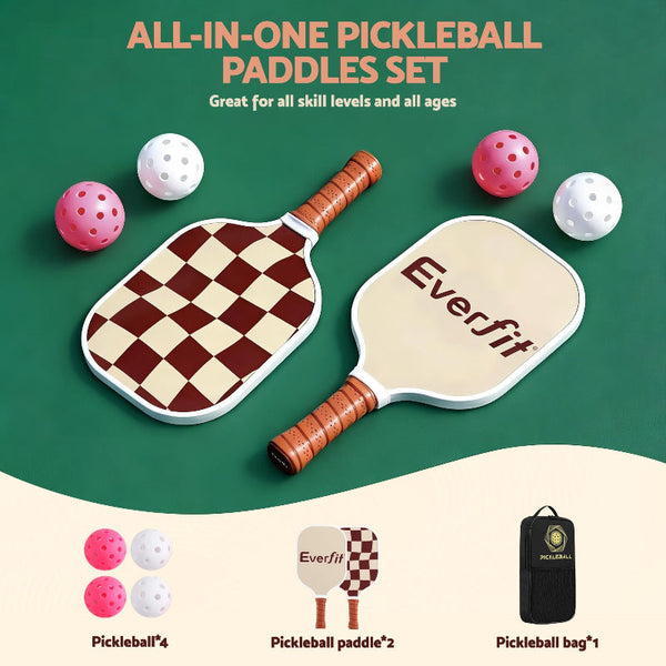 Everfit Fiberglass Pickleball Paddle Set With Honeycomb Core & Bag Brown Racquets
