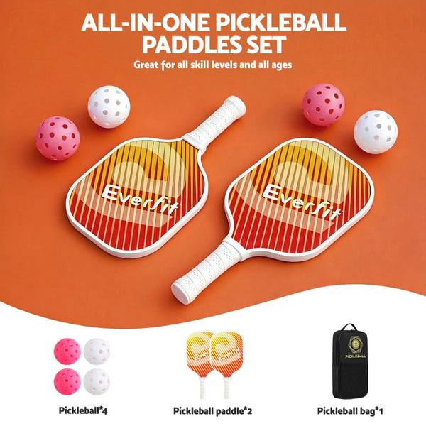 Everfit Fiberglass Pickleball Paddle Set With Honeycomb Core & Bag Orange Racquets