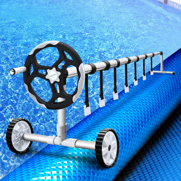 Aluminium Pool Roller With 400 Micron Blue Solar Cover And Security Straps Pool Covers