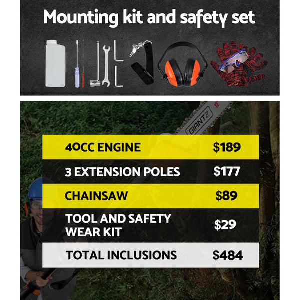 Giantz 40Cc Pole Chainsaw 12In Chain Saw 4 Stroke Petrol 4.3M Long Reach Chainsaws