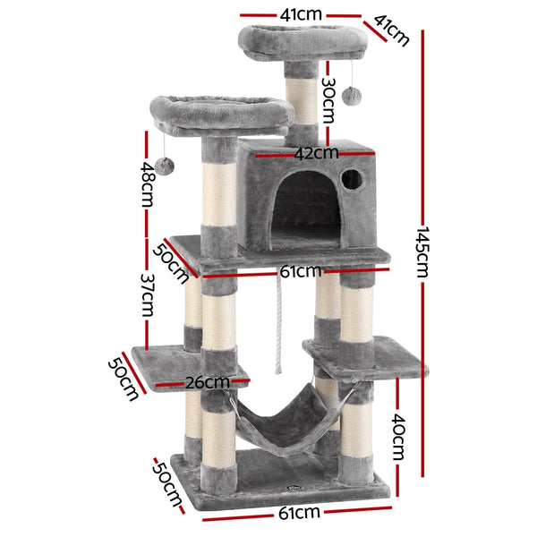 I.Pet Cat Tree 145Cm Tower Scratching Post Trees Scratcher Condo House Light Grey Furniture & Scratchers