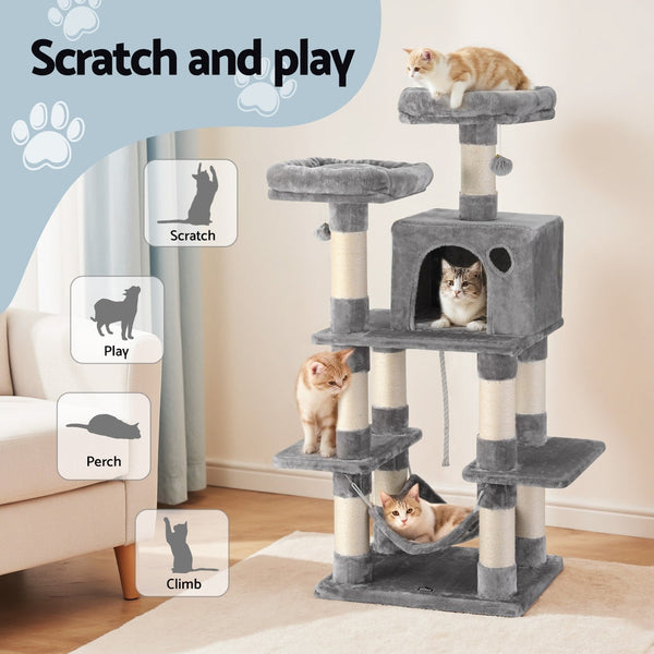 I.Pet Cat Tree 145Cm Tower Scratching Post Trees Scratcher Condo House Light Grey Furniture & Scratchers