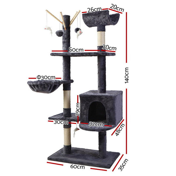 I.Pet Cat Tree 140Cm Tower Scratching Post Scratcher Trees Toys Condo Bed Grey Furniture & Scratchers