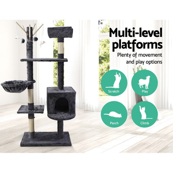 I.Pet Cat Tree 140Cm Tower Scratching Post Scratcher Trees Toys Condo Bed Grey Furniture & Scratchers