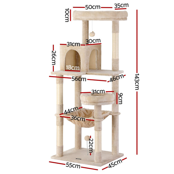 I.Pet Cat Tree 143Cm Tower Scratching Post Trees Scratcher Condo House Beige Furniture & Scratchers