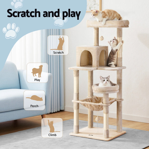 I.Pet Cat Tree 143Cm Tower Scratching Post Trees Scratcher Condo House Beige Furniture & Scratchers