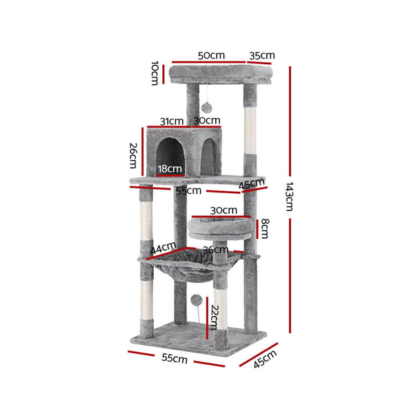 I.Pet Cat Tree Tower Scratching Post Scratcher 143Cm Condo House Trees Grey Furniture & Scratchers