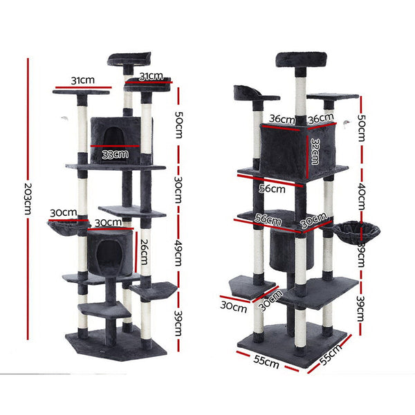 I.Pet Cat Tree 203Cm Tower Scratching Post Scratcher Condo Trees House Bed Grey Furniture & Scratchers