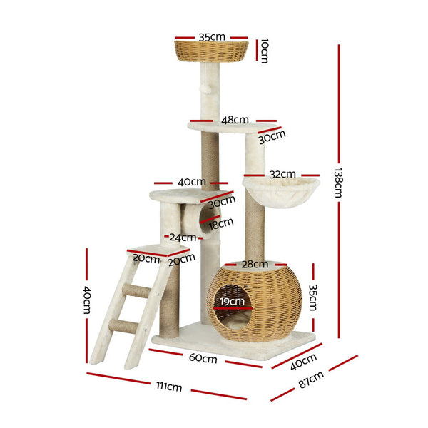 I.Pet Cat Tree 138Cm Tower Scratching Post Scratcher Wood Bed Condo House Rattan Ladder Furniture & Scratchers