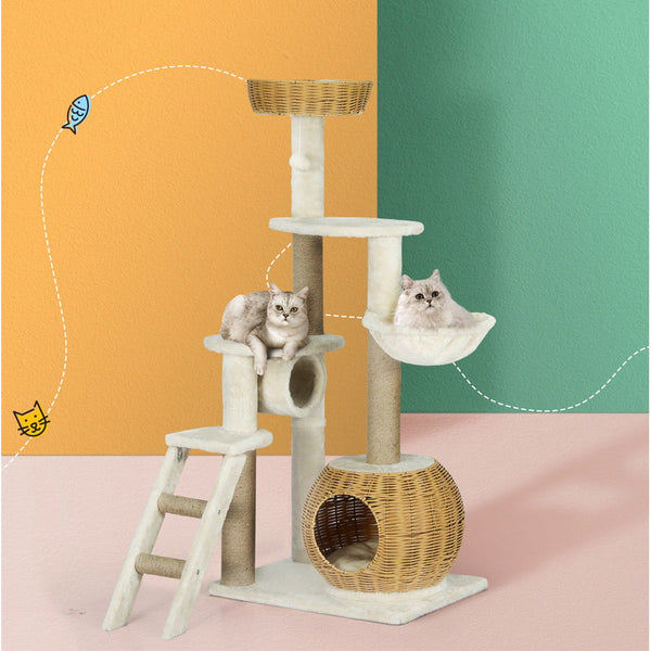 I.Pet Cat Tree 138Cm Tower Scratching Post Scratcher Wood Bed Condo House Rattan Ladder Furniture & Scratchers