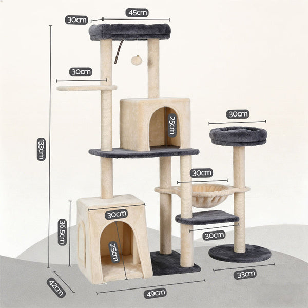 I.Pet 133Cm Rotatable L Shape Cat Tree Tower With Scratching Post Grey/Beige Furniture & Scratchers