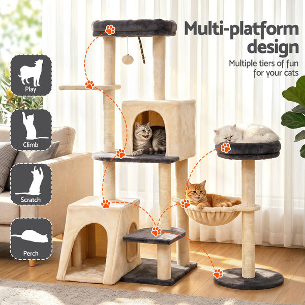 I.Pet 133Cm Rotatable L Shape Cat Tree Tower With Scratching Post Grey/Beige Furniture & Scratchers
