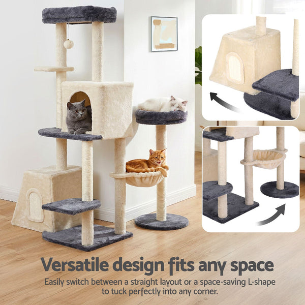 I.Pet 133Cm Rotatable L Shape Cat Tree Tower With Scratching Post Grey/Beige Furniture & Scratchers
