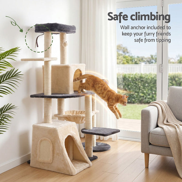 I.Pet 133Cm Rotatable L Shape Cat Tree Tower With Scratching Post Grey/Beige Furniture & Scratchers