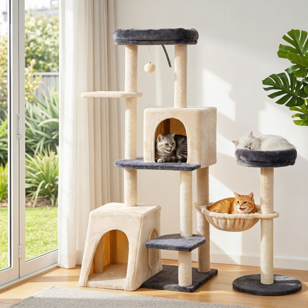 I.Pet 133Cm Rotatable L Shape Cat Tree Tower With Scratching Post Grey/Beige Furniture & Scratchers