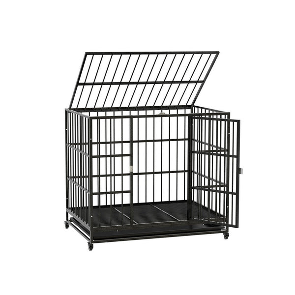 I.Pet Dog Cage Crate Large Puppy Cat Anti Bite Kennel Wheels W/Tray Metal Dog Cages