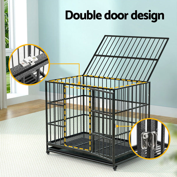 I.Pet Dog Cage Crate Large Puppy Cat Anti Bite Kennel Wheels W/Tray Metal Dog Cages