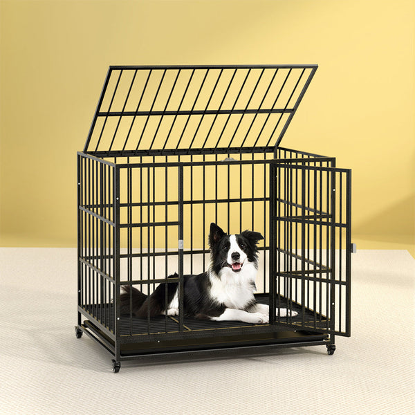 I.Pet Dog Cage Crate Large Puppy Cat Anti Bite Kennel Wheels W/Tray Metal Dog Cages