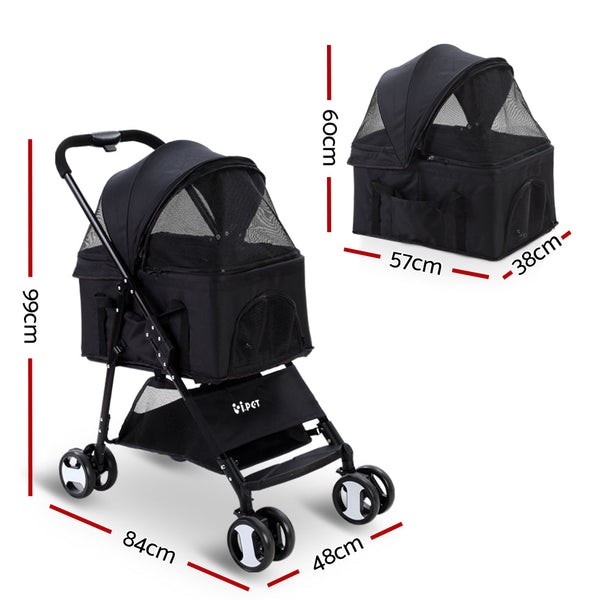 I.Pet Pet Stroller Dog Pram Cat Carrier Travel Large Pushchair Foldable 4 Wheels Black Dog Strollers
