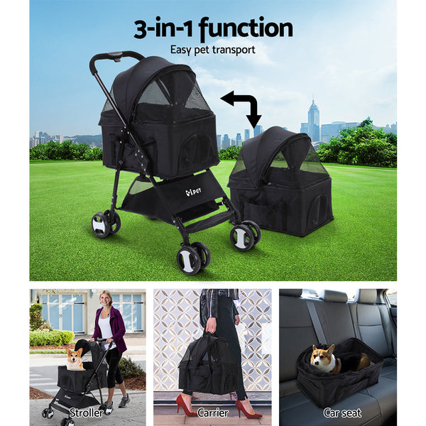I.Pet Pet Stroller Dog Pram Cat Carrier Travel Large Pushchair Foldable 4 Wheels Black Dog Strollers