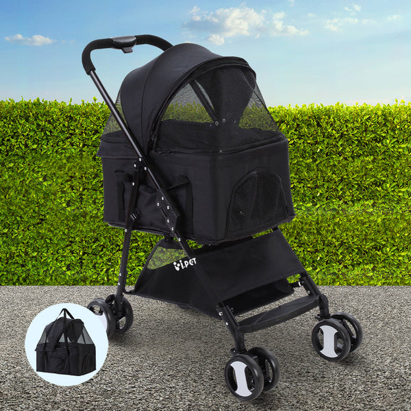 I.Pet Pet Stroller Dog Pram Cat Carrier Travel Large Pushchair Foldable 4 Wheels Black Dog Strollers
