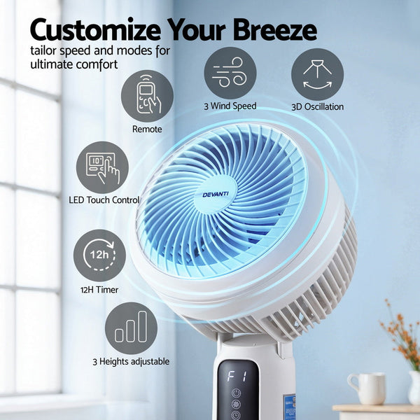Devanti Pedestal Fan W/ Remote 3 Speed 12H Timer Height Adjustable Cooling Portable Fans